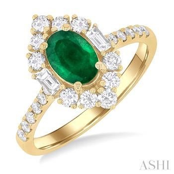 14 Karat Yellow Gold 6 X 4 Oval Emerald And Diamond 0.60 Ct Halo Ring
