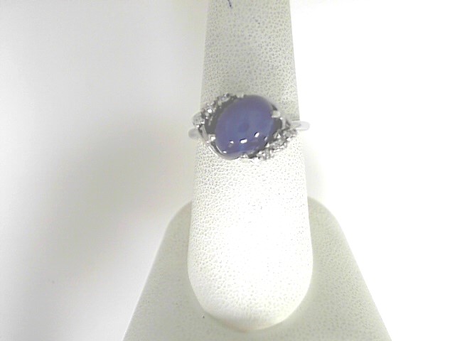 Estate 14 Karat White Gold Synthetic Oval Axpproximately 9x7mm Star Sapphire With 6 Axpproximately 1.5mm Single-Cut Diamonds Ring