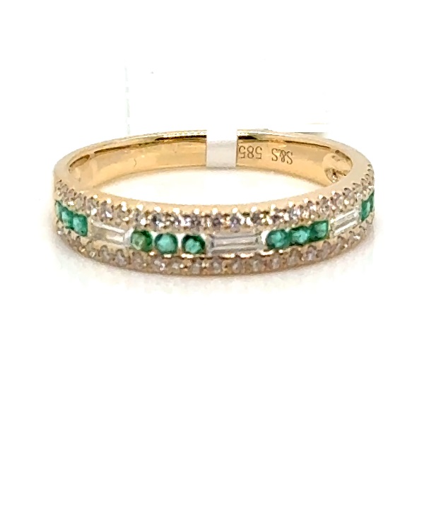 14 Karat Yellow Gold  Band With 12=0.14Tw Round Emeralds, 3=0.13Tw Baguette Diamonds And 0.23 Twt Round Brilliant Diamonds