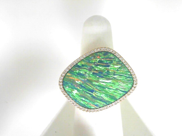 18 Karat Yellow Gold 14.55 Cts Australian Opal Doublet And 65=0.39Tw Round Brilliant Cut Diamond Ring 
Ring Size: 6.5