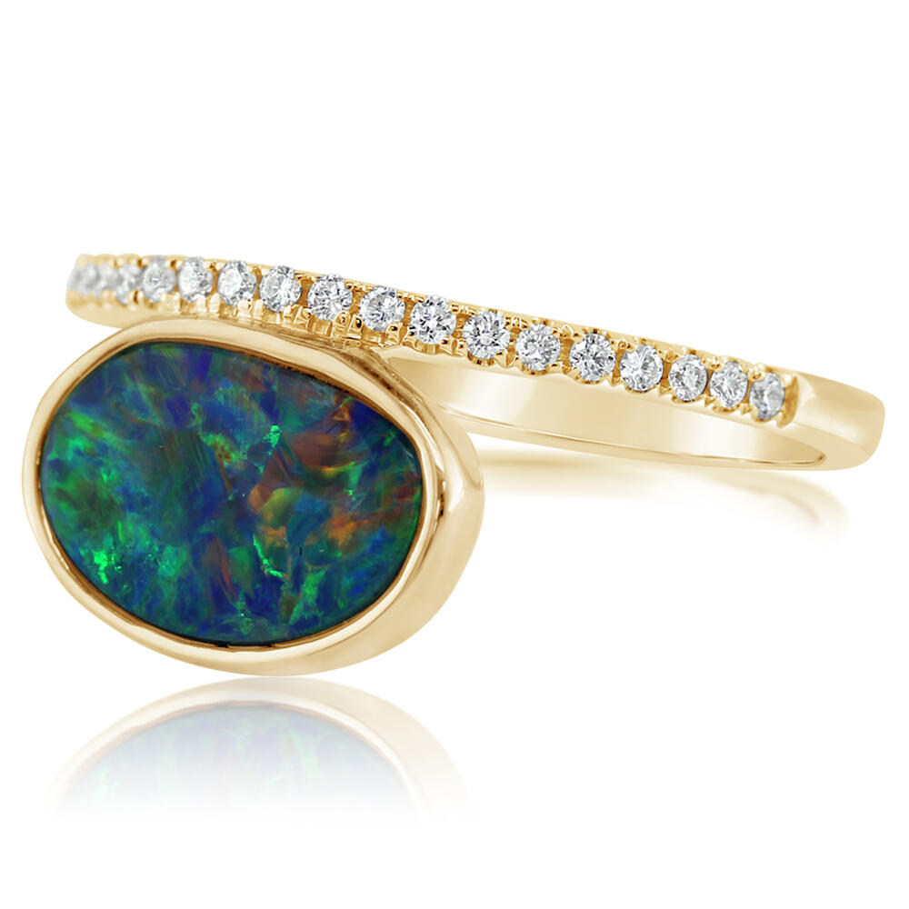 14 Karat Yellow Gold Australian Opal Doublet and Diamond 0.15ct Ring
