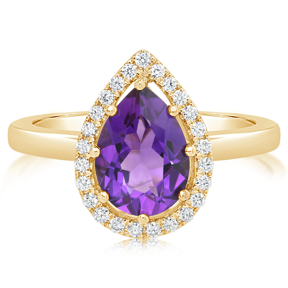 14 Karat Yellow Gold Halo Fashion Ring With One 1.70Ct Pear Amethyst And 25=0.18Tw Round G/H Si1 Diamonds 
Ring Size: 7