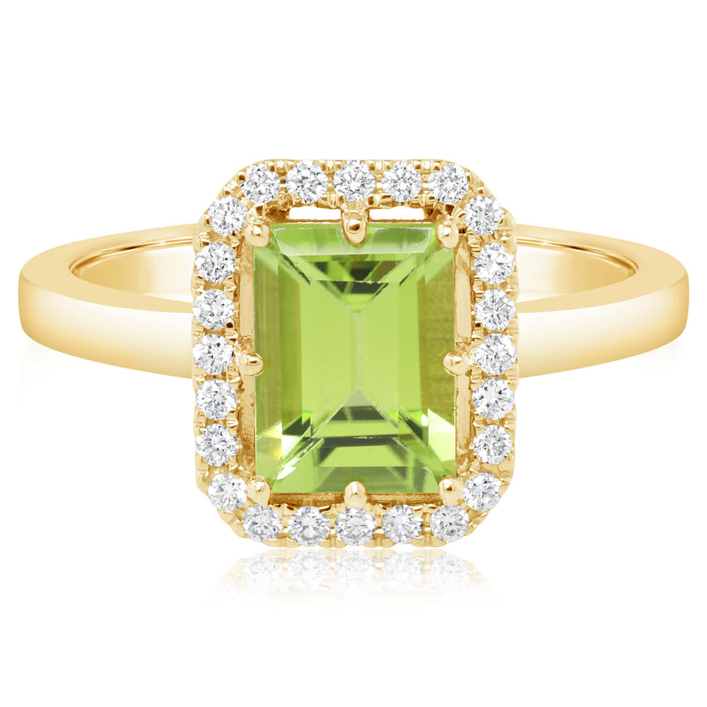 14 Karat Yellow Gold Halo Fashion Ring With One 1.60Ct Emerald Cut Peridot And 24=0.18Tw Round G/H Si1 Diamonds
Ring Size: 7