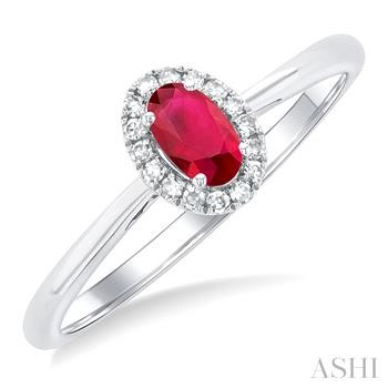 10 Karat White Gold 5X3 Oval Ruby Single Cut Round Diamond Halo Ring 0.07 Ct
Ring Size : 6.5