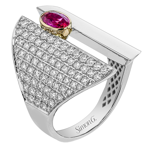 Simon G 18 Karat White/Rose Gold Bezel Set 0.50 Ct Oval Ruby And 1.05 Cts Round Brilliant Cut Diamond  Pave Set Ring 
Size 6.5