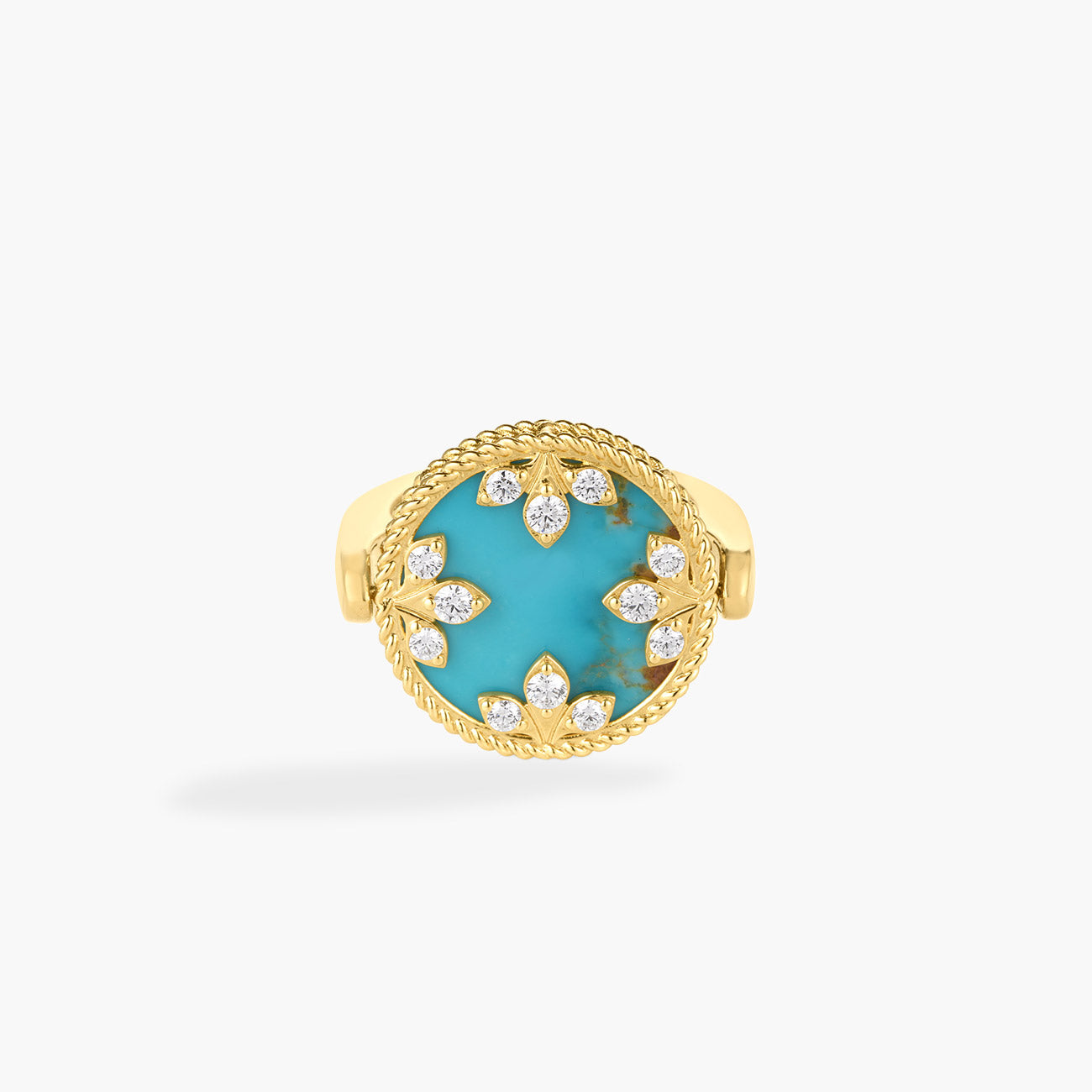 Roberto Coin 18 Karat Yellow Gold Reversable Turquoise, Mother Of Pearl And 0.28 ct Diamond Medallion Ring 
size 6.5