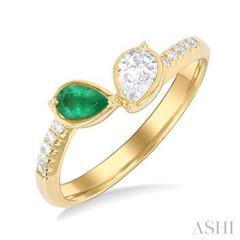 14 Kart Yellow Gold 2 Stone Pear Shape 5 x 3 Emerald And Diamond 0.35 ct Bypass Ring 
size 6.5