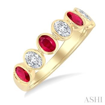 14 Karat Yellow Gold Oval 4 x 3 Ruby And 0.55 ct Diamond Bezel Set Band 
6.5