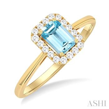 10 Karat Yellow Gold 6 X 4 Emerald Cut Aquamarine And 0.15 ct Diamond Halo Ring 
Size 6.5