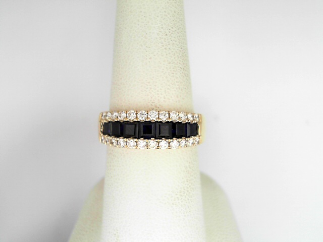 14 Karat Yellow Gold Princess Cut Sapphires 1.11 Cts And Round Brilliant Cut Diamonds 0.43 Cts Ring 
Ring Size: 7