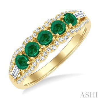 14 Karat Yellow Gold 3.1MM Round Emerald And 0.25ct Baguette And Single Cut Diamond  Ring
size 6.5