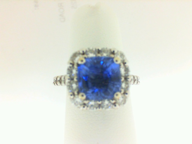 ESTATE  18 Karat White Gold Ring With One 3.03Ct Cushion diffused Sapphire And 24=1.22Tw Round Diamonds