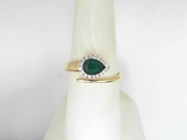 14 Karat Yellow Gold 0.58 Cts Pear Cut Emerald With 0.10 Cts Round Brilliant Cut Diamond By Pass Ring 
 Ring Size: 7.5