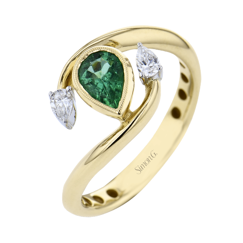 Simon G 14 Karat Yellow Gold Bezel Set 0.41 Ct Pear Shape Emerald And 0.14 Ct Diamond Bypass Ring
size 6.5