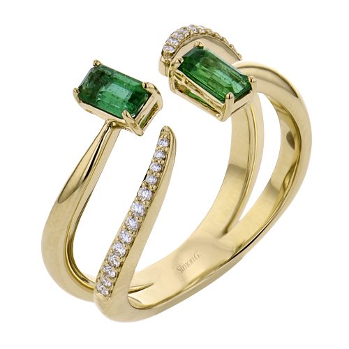 Simon G 18 Karat Yellow Gold 0.43 ct Emerald Cut And 0.11 ct Diamond Open Bypass Ring 
Size 6.5