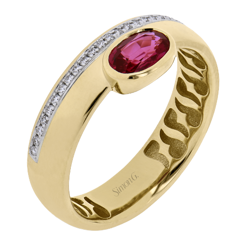 Simon G 18 Karat Yellow And White Gold Bezel Set Ruby 0.52 Ct  And Diamond 0.13 Ct Ring 
Size 6.5