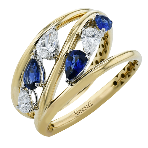 Simon G 18 Karat Yellow And White Gold 0.58 Ct Pear Shape Sapphire  And 0.49 Ct Diamond Band 
Size 6.5