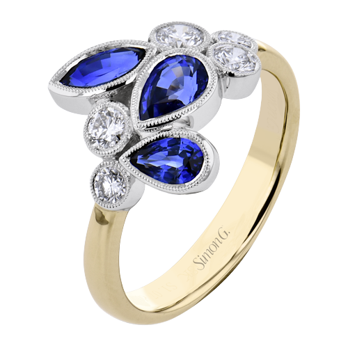 Simon G 18 Karat Yellow And White Gold 1.24 cts Sapphire And 0.43 ct Diamond Bezel Set Ring
Size 6.5
