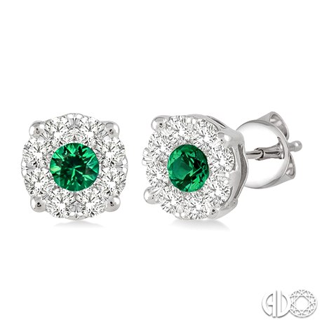 14 Karat White Gold Lovebright 3.2mm Emerald And 0.45 Ct Diamond Earrings