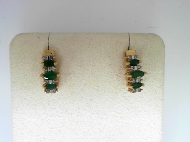 Estate 14 Karat Yellow Gold  Marquise Emerald & Diamond  Earrings