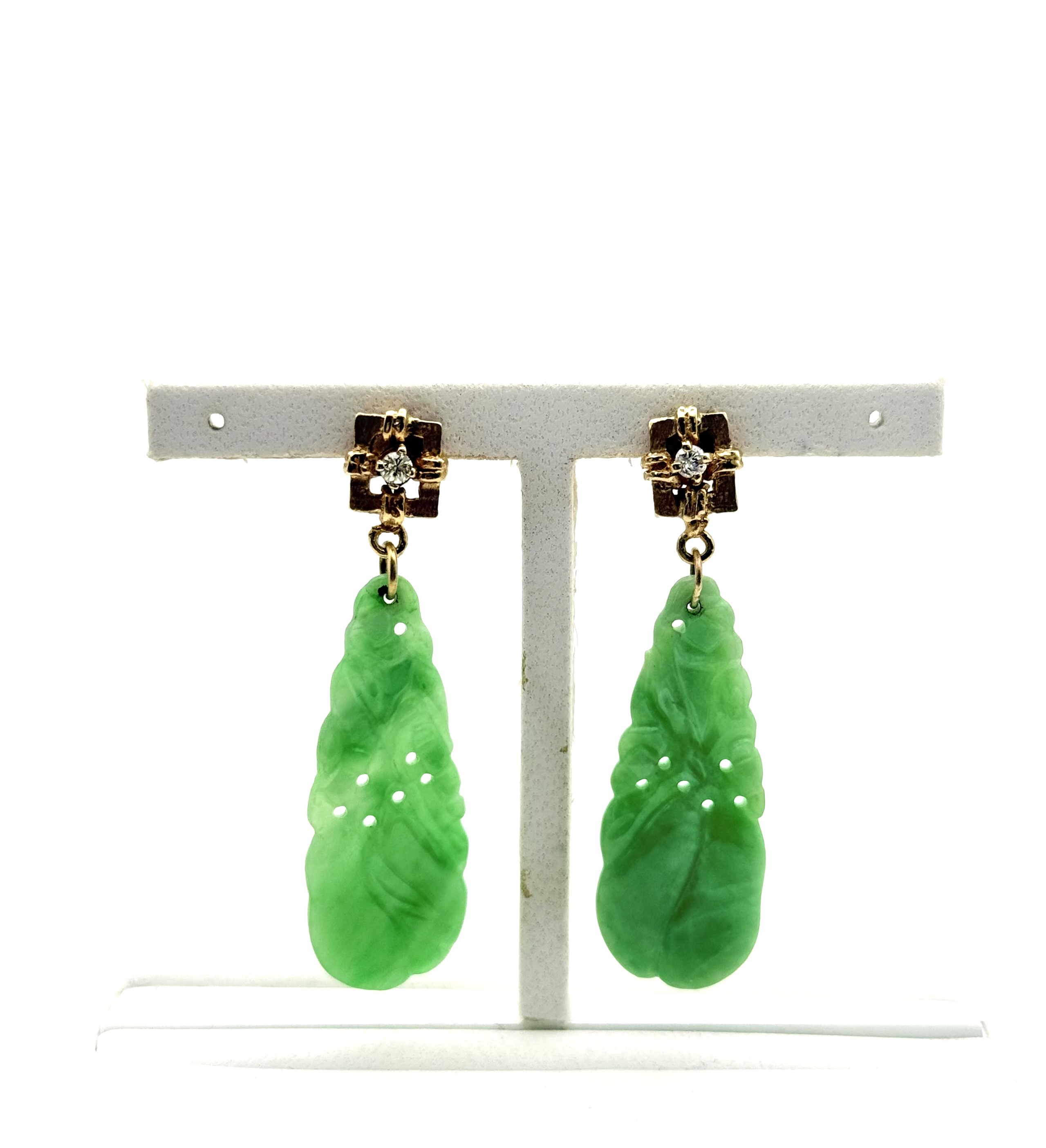 Estate14 Karat Yellow Gold  Jade & Diamond Dangle Earrings With Posts And Friction Backs (AS IS)