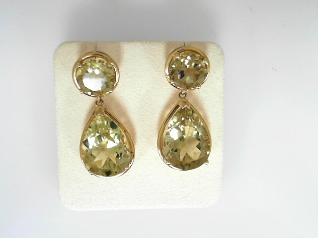 Estate14 Karat Yellow Gold Dangle Lemon Quartz Earrings
Qty 2@10mm Rd and Pear Shape 2@18mm by13mm

Very Good Condition