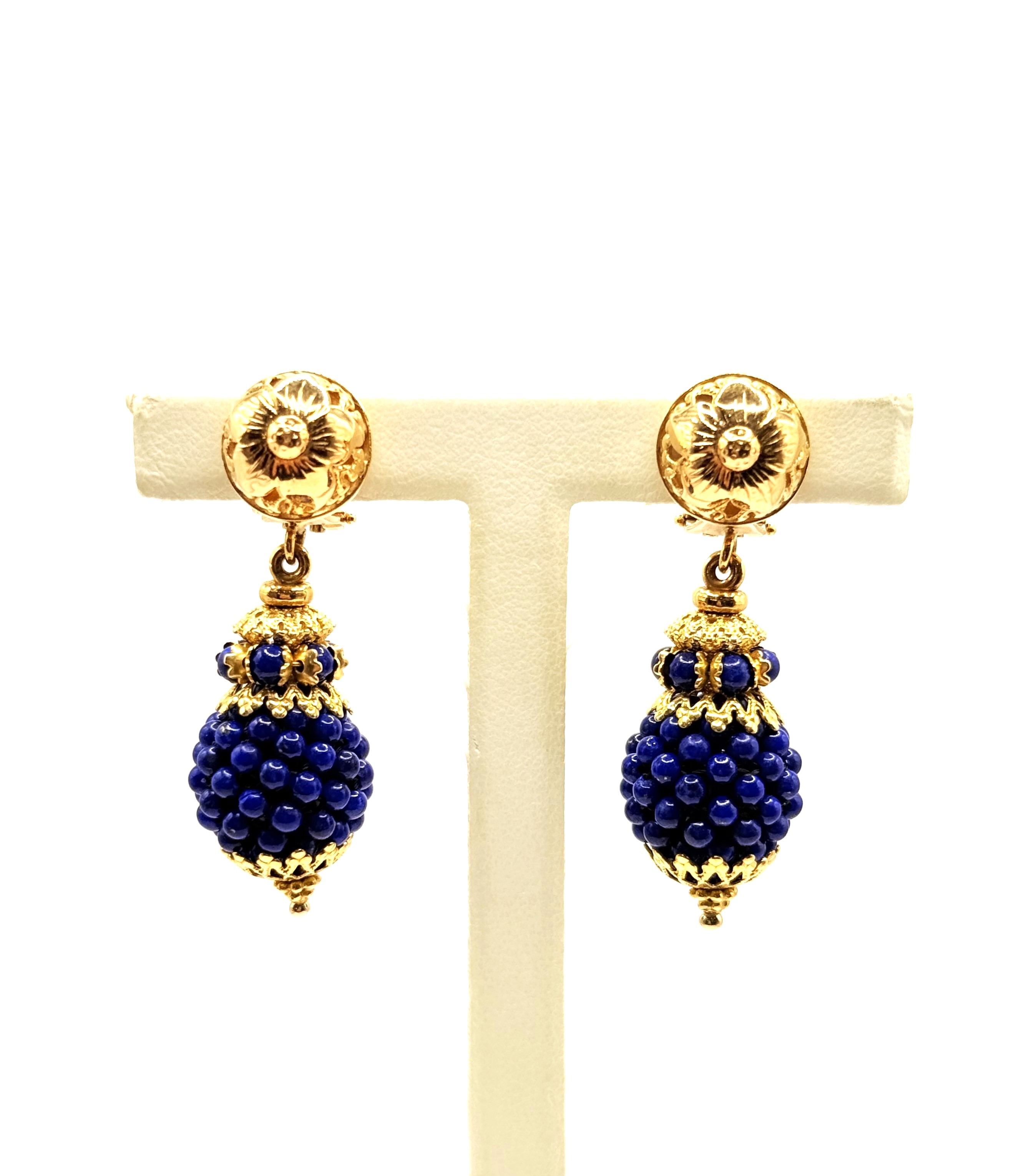 Estate 18 Karat Yellow Gold  Beaded Lapis Dangle Earrings With Omega Backs (AS IS)