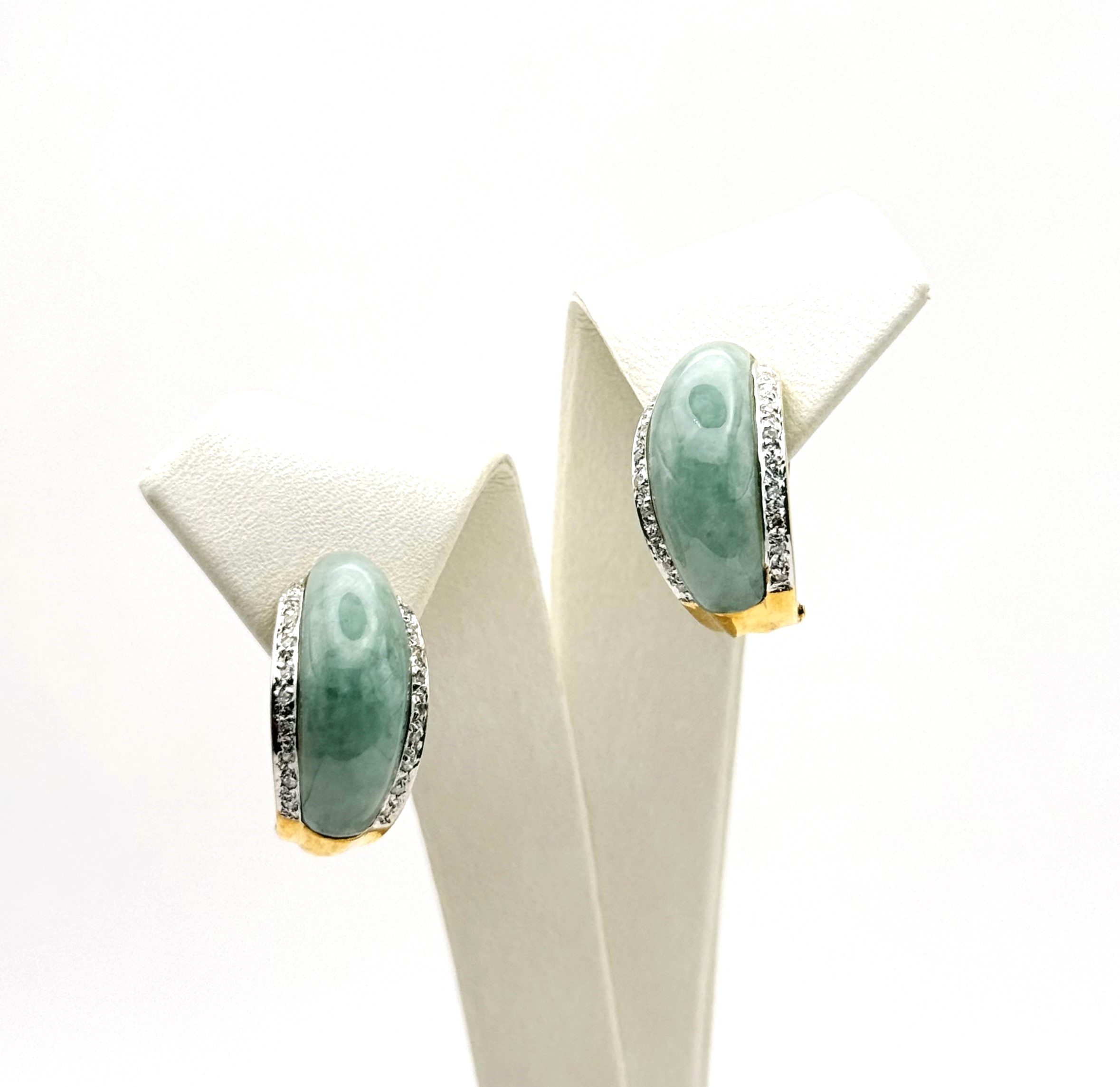 Estate 14 Karat Yellow Gold Jade & Diamond 0.09ctw Omega Back Earrings