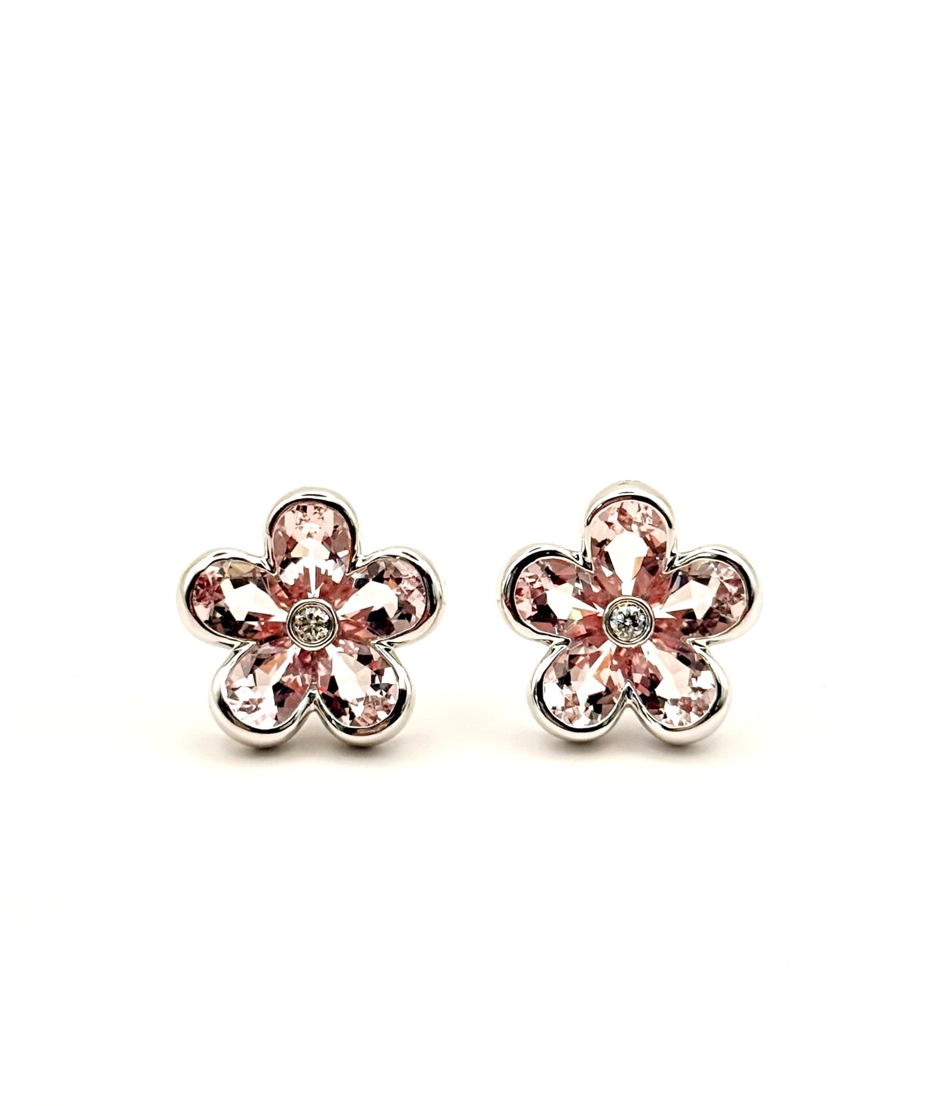 Charles Krypell 18 Karat White Gold  Flower  Earrings With 2=0.09Tw Round F/G VS Diamonds And 10=5.31Tw Pear Morganites