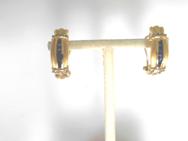 Estate 18 Karat Yellow Gold Satin And Polish  Earrings With 12= Princess Sapphires And 16= Round Diamonds With Omega Backs
AS IS