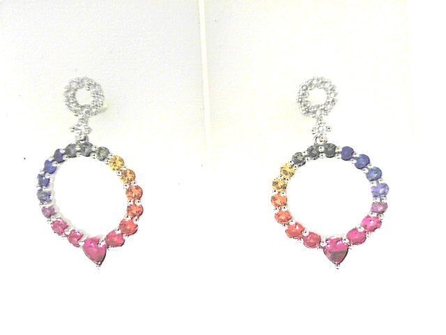 18 Karat White Gold  Dangle Earrings With 34=1.56Tw Various Shapes & Color Sapphires And 18=0.16Tw Round Diamonds