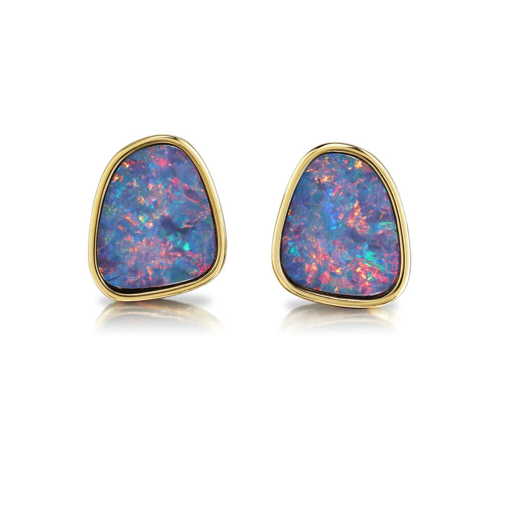 14 Karat Yellow Gold Bezel-Set Austrailian Opal Doublet Small Earring