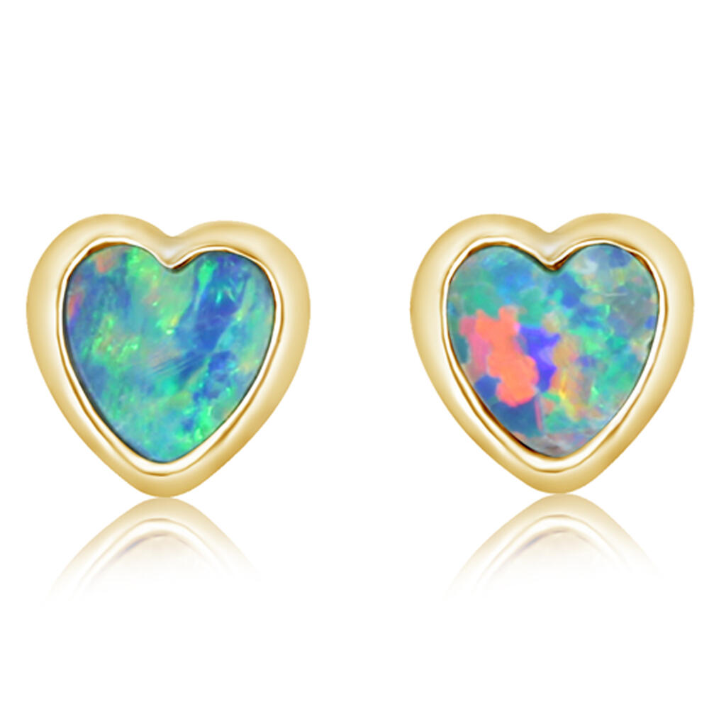 14 Karat Yellow Gold With 6mm Australian Opal Doublet Heart Earrings