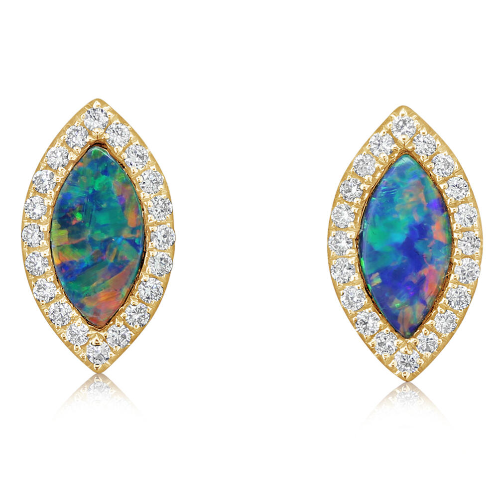 14 Karat Yellow Gold Australian Opal Doublet/Diamond Earrings
 With 2=1.30Tw Marquise Opals And 40=0.24Tw Round H/I Si2 Diamonds