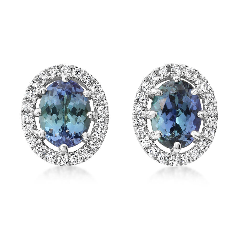 Platinum Halo Stud Earrings With 2=1.68Tw Oval (Peacock)Tanzanites And 44=0.22Tw Round G/H Si1 Diamonds