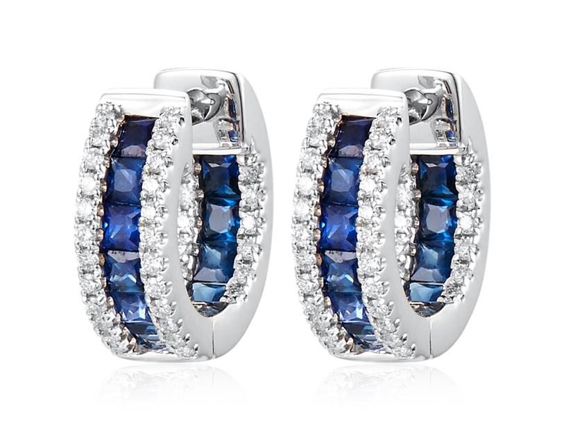 14 Karat White Gold Inside Outside Small Hoop Earrings With 12=1.44Tw Square Step Cut Sapphires And 48= Round Diamonds