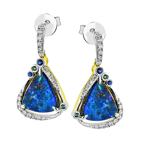 Simon G 18 Karat White/Yellow Gold 3.78 Cts Opal Earring With 0.29 Ct Diamonds, 0.05 Ct Sapphires And 0.03 Ct Emeralds Accents