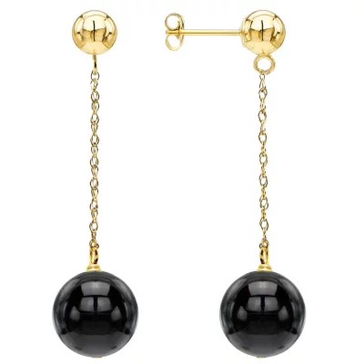 Estate 14 Karat Yellow Gold 8mm Black Bead Dangle Earrings (AS IS)