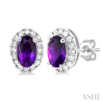 10 Karat White Gold Amethyst & Halo Single Cut Diamond Earrings 0.14 Ct