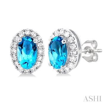 10 Karat White Gold Blue Topaz & Halo Single Cut Diamond Earrings 0.14 Ct