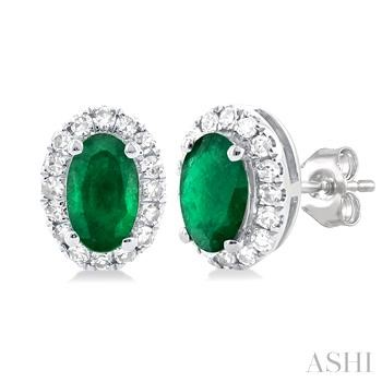 10 Karat White Gold Emerald & Halo Single Cut Diamond Earrings 0.14 Ct
