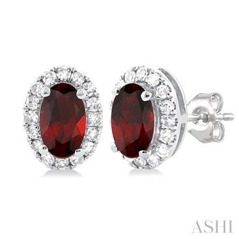 10 Karat White Gold Garnet & Halo Single Cut Diamond Earrings 0.14 Ct