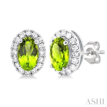 10 Karat White Gold Peridot & Halo Single Cut Diamond Earrings 0.14 Ct