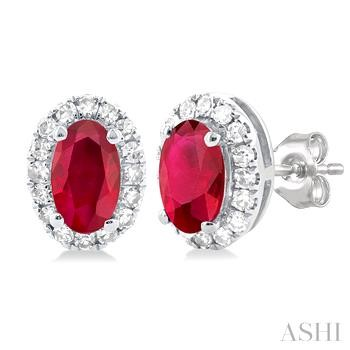 10 Karat White Gold Ruby & Halo Single Cut Diamond Earrings 0.14 Ct