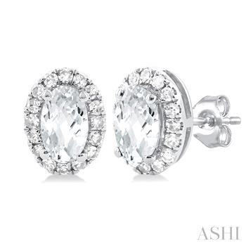 10 Karat White Gold White Topaz & Halo Single Cut Diamond Earrings 0.14 Ct