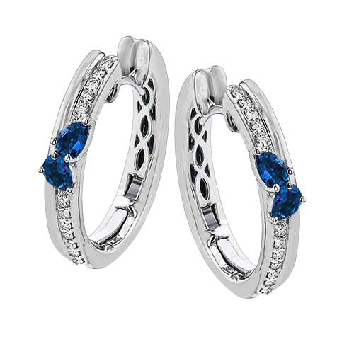 Simon G 18 Karat White Gold 0.60 ct Pear Shape Sapphire And 0.18 ct Diamond Hoop Earrings