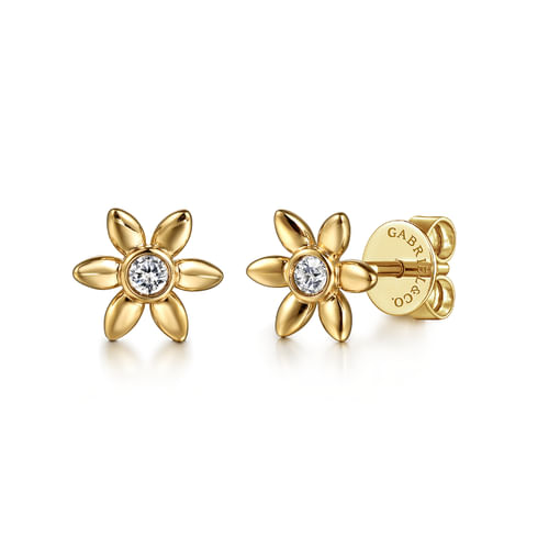 Gabriel & Co14 Karat Yellow Gold White Sapphire Floral Stud Earrings-0.09ct
