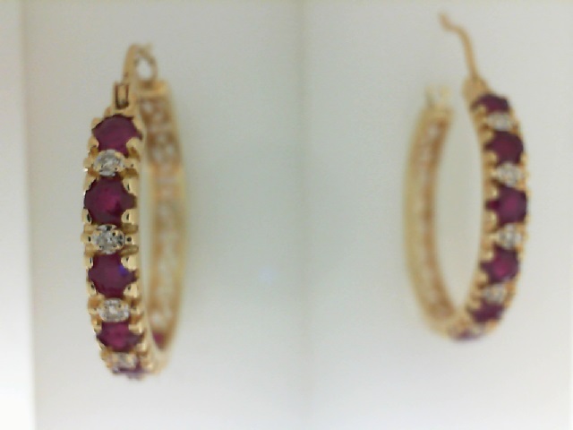 ESTATE  14 Karat Yellow Gold Ruby And  Diamond hoops
AS IS