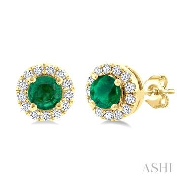 14 Karat Yellow Gold 3.25 mm Round Emerald And Single Cut Diamond Halo Earrings 0.10 Ct
