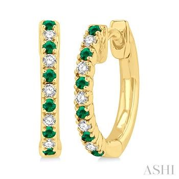10 Karat Yellow Gold Round Emerald 1.35 mm  And 0.10 Ct  Diamond Huggie Earrings